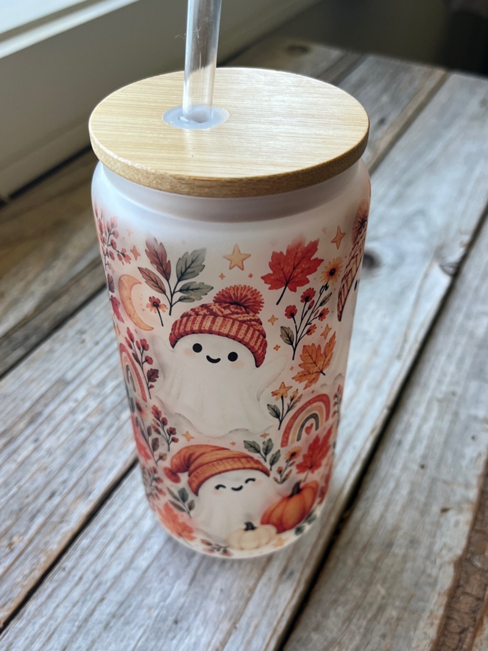 Cute Boho Ghost 16oz Frosted Glass Tumbler